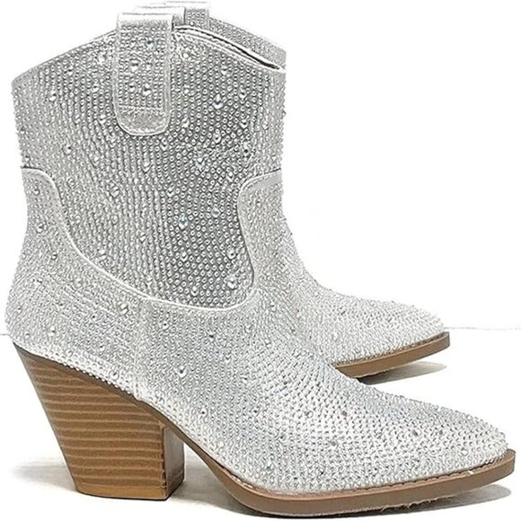 Women's Rhinestone Block Heel Mid Calf Short Boots - Picture 7 of 9